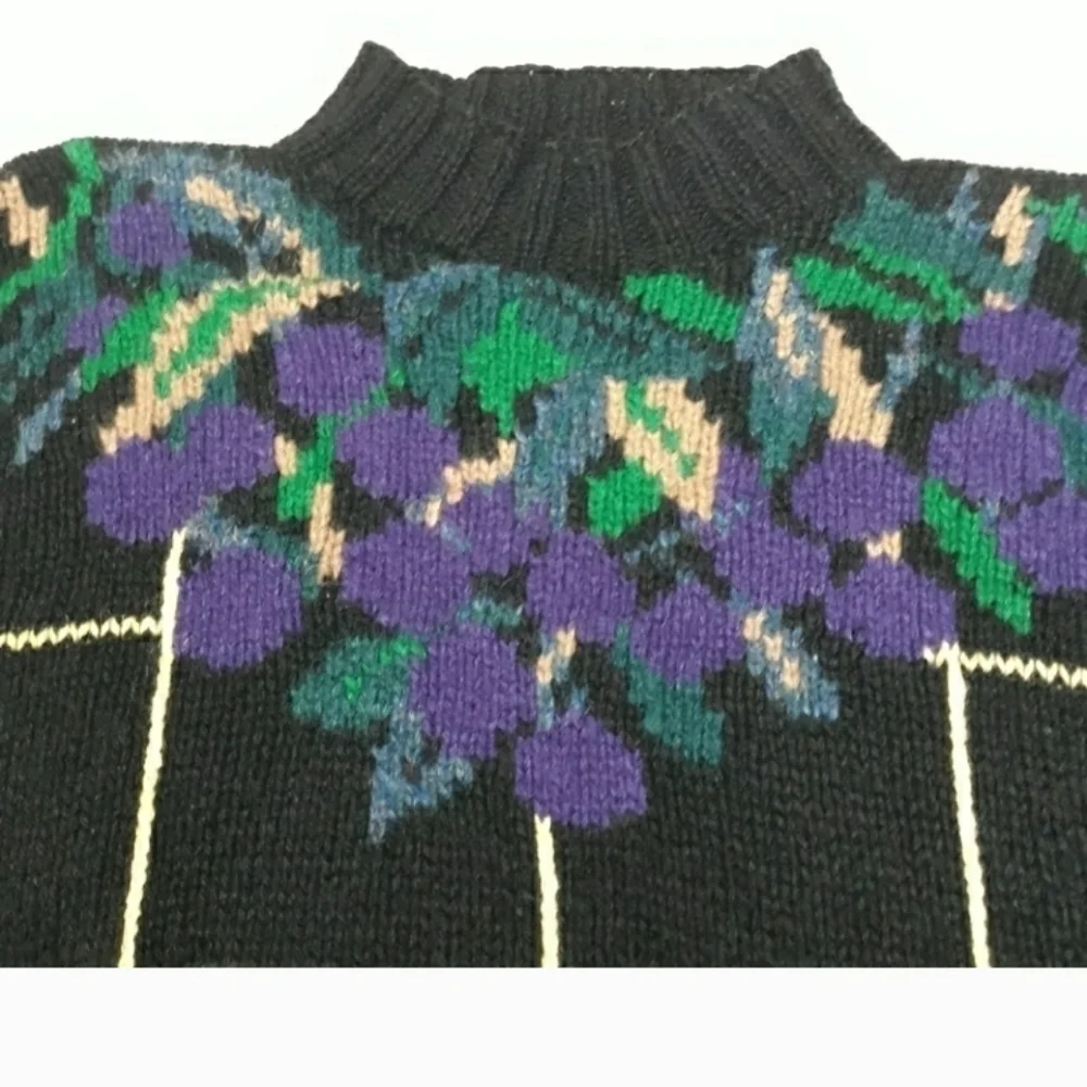 Floral Grid Sweater 100 % Shetland Wool Black Purple And Yellow Size Medium - Picture 2 of 11